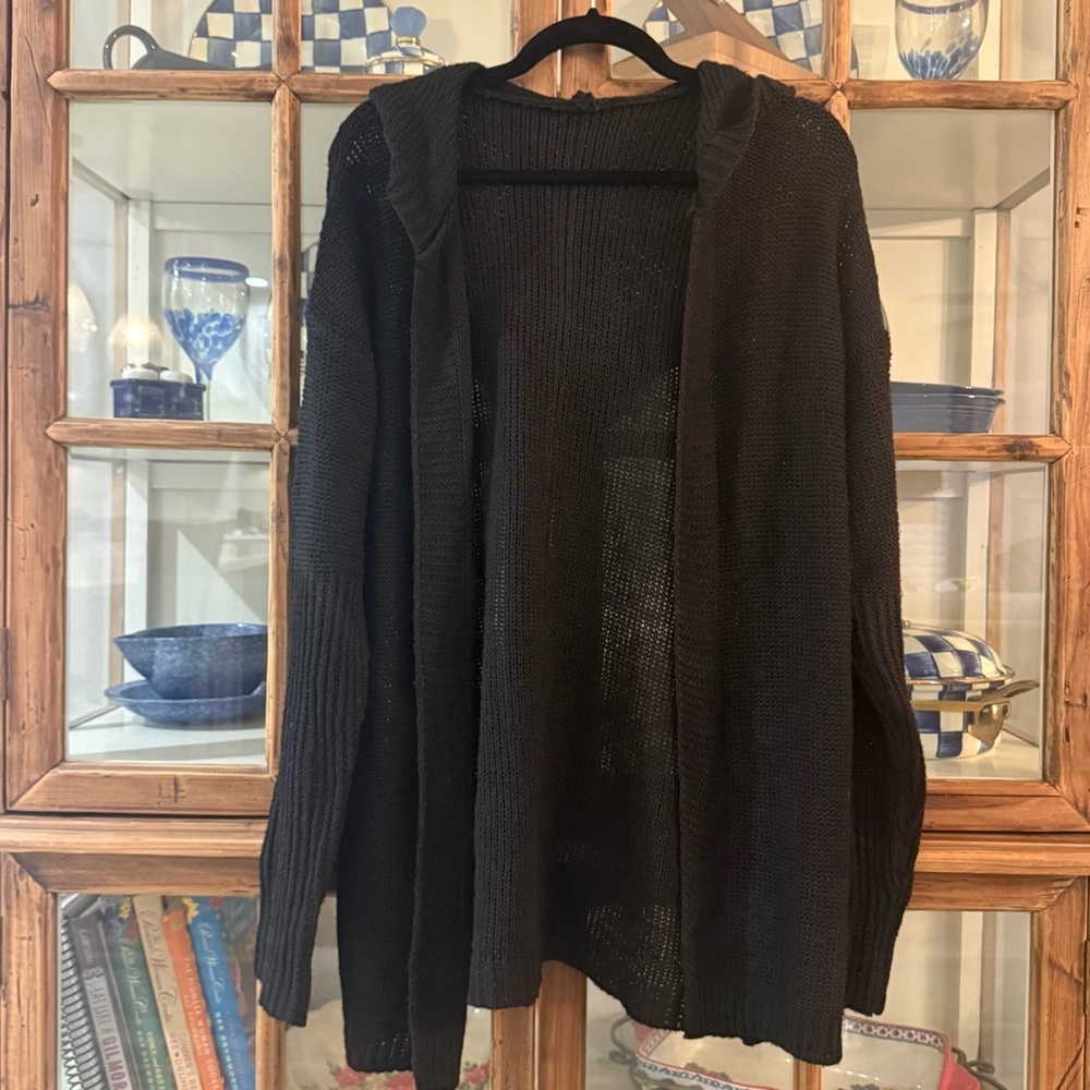 Black Hooded Open Knit Cardigan Lightweight Longline Size M